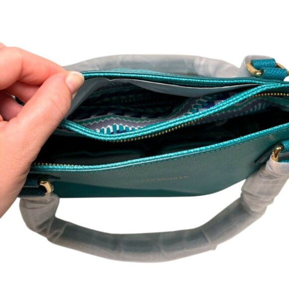 NEW Rare Vera Bradley Genuine Pebble Leather Ella Tote Purse Teal Blue Gold Gift - Picture 8 of 16